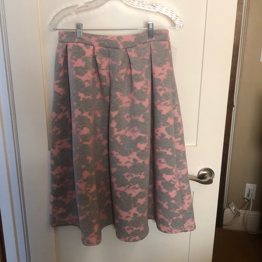 Pink and gray floral midi skirt with box pleats